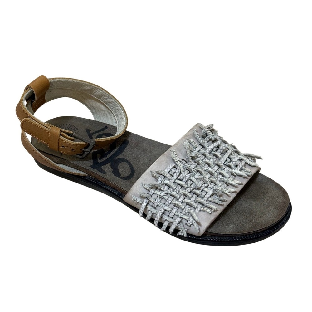 OTBT Sandals Women 6.5 Dove Gray Voyage Flat Leather Woven Ankle Strap Festival